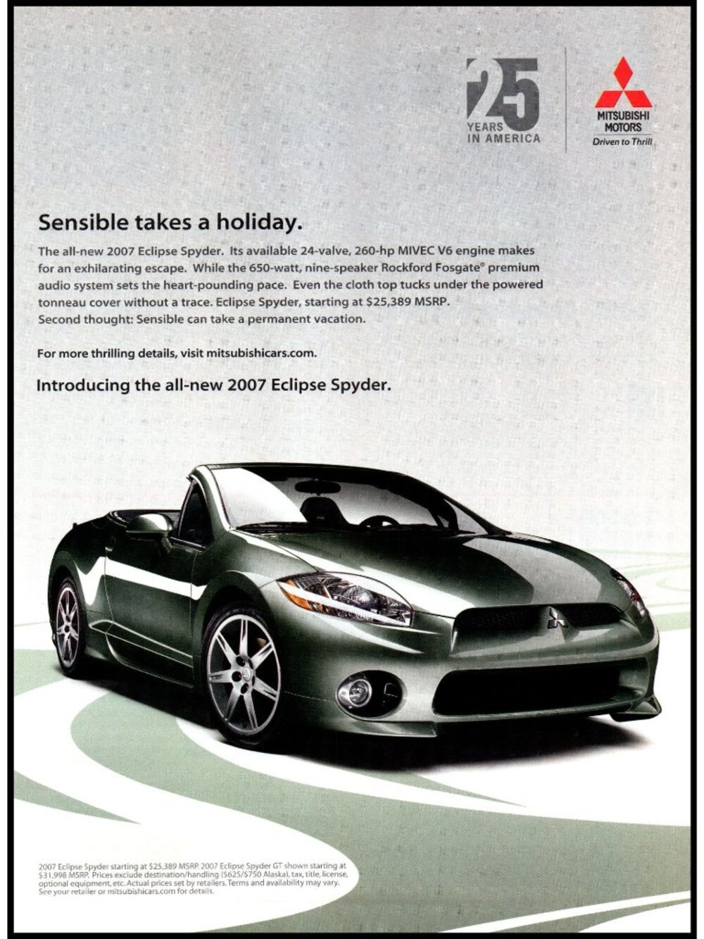 2007 Mitsubishi Eclipse Spyder Convertible Vintage Print Ad Man Cave Wall Art